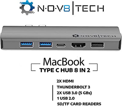 8in2 Space Gray USB C Hub Dual 4K HDMI Triple Display USB Adapter for MacBook Pro (Renewed)