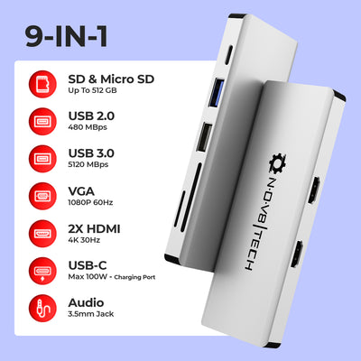 9in1 Silver USB C Hub | 9 Device Ports adapter MacBook Air & MacBook Pro