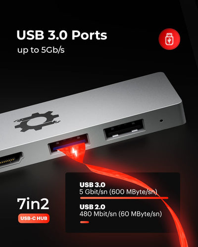 7in2 Silver USB C Hub to HDMI | 7 device Ports adapter MacBook Air & MacBook Pro